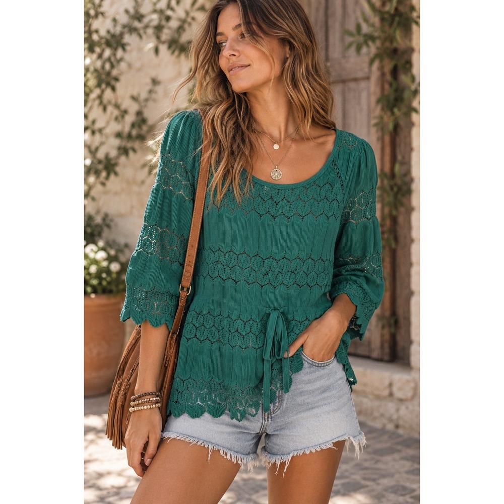 Free People Fire Island Crochet Knit Top XS Teal Green Lace Boho Peplum Blouse